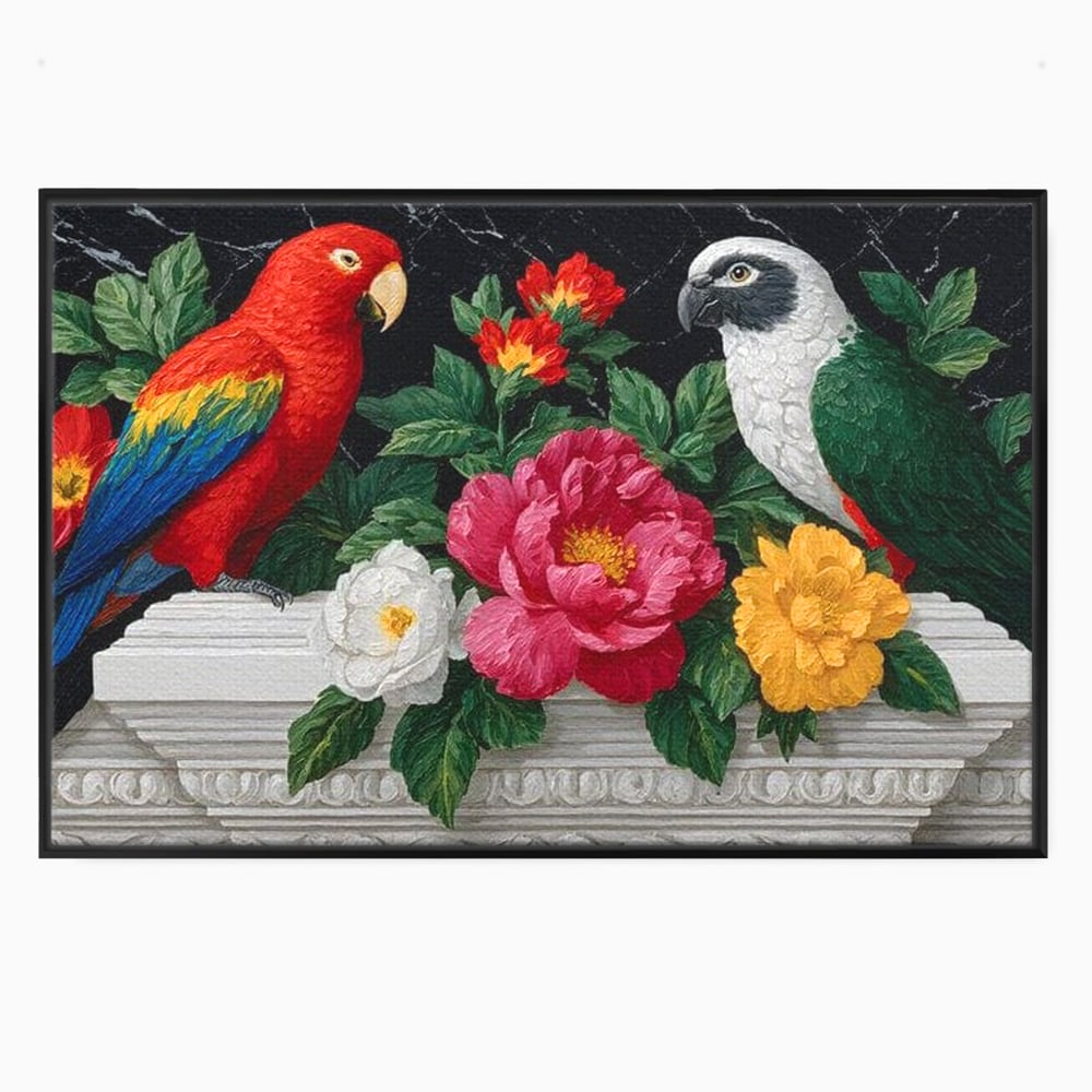 Tablou canvas cu pictura cu papagali si flori, in rama de aluminiu negru